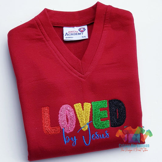 Loved By Jesus Glittered Embroidered Applique Sweatshirt